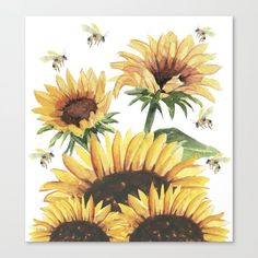 three sunflowers with bees flying around them on a white background art print by artist and