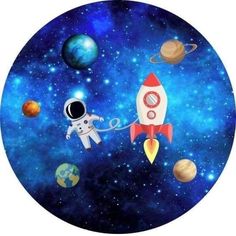 a painting of an astronaut holding the hand of a space shuttle in front of planets