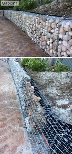 there are two pictures side by side, one shows a stone wall and the other shows a wire fence