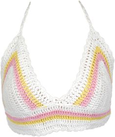 A crochet bohemian sleeveless bralette top in white base and yellow and pink pixie shades A great one to pair with bohemian style bottoms that reflect free and happy vibes. This sleeveless top has a scooped v neckline, a tie on the top for the neck and another tie for the back. #tlb #Sleeveless #CrochetClothing #beachwrap #WhiteBraTop White Crochet Halter Top For Summer, Trendy Crochet Lace Top For Summer, White Halter Neck Crochet Top For Beach Season, White Crochet Top For Summer, Pink Beachwear Crop Top For Spring, White Crochet Trim Halter Top For Beach, White Crochet Cotton Halter Top, White Crochet Lace Tank Top For Spring, Trendy Summer Crochet Top With Crochet Trim