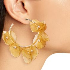 Beautiful Chiffon Petals Hoop Earrings In Mari Gold Color Yellow Hoop Earrings For Spring, Yellow Small Hoop Earrings For Summer, Gold Hoop Earrings For Summer Wedding, Gold Hoop Earrings For Spring, Spring Gold Round Hoop Earrings, Spring Gold Hoop Earrings, Yellow Hoop Earrings For Summer, Chic Yellow Earrings For Spring, Summer Party Yellow Gold Jewelry