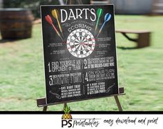 "Here is the perfect DARTS game sign for your game room or party!  We offer a full line of coordinating signs in this design so please check out our other yard sign collection listings! Available for immediate download: The rule sign in all of the following sizes 22\"x28\", 16\"x20\", 11\"x14\", and 8\"x10\". This listing is for the DIGITAL DOWNLOAD ONLY. You will not receive a physical product in the mail. Once purchased you will be INSTANTLY directed to the page where you can download these fi Dart Themed Party, Party Rules, Darts Game, Poker Party, Game Poster, Printable Game, Long Time Friends, Backyard Games, Wedding Games