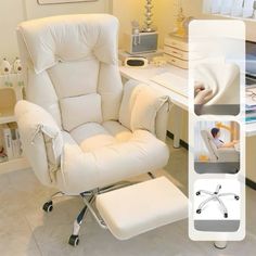 a white recliner chair sitting in front of a computer desk