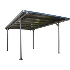 an outdoor covered patio area with metal posts and steel roofing on the sides, against a white background