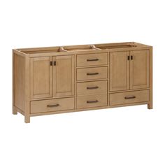 a large wooden cabinet with two sinks and drawers in it's center, against a white background