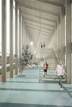 an artist's rendering of people walking up stairs in a building with blue flooring