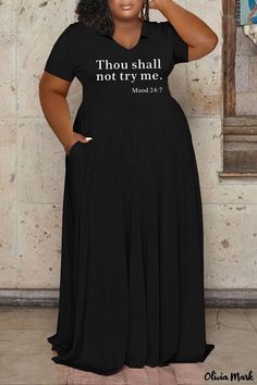 Olivia Mark - Classic Black Patchwork V-Neck Plus Size Dresses with Chic Letter Print Design Blue Plus Size Dresses, Pink Dress Casual, Casual White Dress, Dress Sleeve Styles, Straight Dress, Stylish Plus, Pinterest Closet, Black Dresses Casual, Patchwork Dress