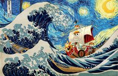 an image of a painting that looks like it is in the ocean with waves and boats