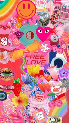 a collage of pink and blue images with hearts, flowers, rainbows and other things