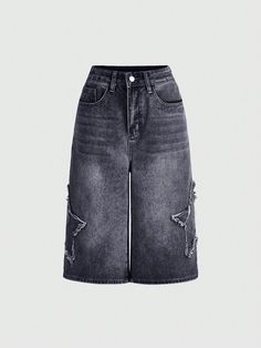 Plus Size Women Fashionable Star Printed Brushed Denim Shorts Black    Denim Plain Wide Leg Non-Stretch  Women Plus Clothing, size features are:Bust: ,Length: ,Sleeve Length: Snazzy Outfits, Outfits Dr, Twilight Dr, Vintage Street Style, Denim Shorts Outfit, Clothes Wishlist, Shein Icon, Baggy Clothes, Denim Capris