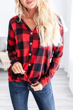 Size(in) Bust Length S 37.0 25.2 M 38.6 25.6 L 40.2 26.0 XL 41.7 26.4 Plaid V-neck Tops For Fall, Red V-neck Shirt For Fall, Casual Red Tops For Fall, Casual Red Button-up Top, Casual Red Long Sleeve Blouse, Red Casual Long Sleeve Shirt, Casual Red Button-up Blouse, Red Long Sleeve Shirt For Fall, Casual Red Shirt