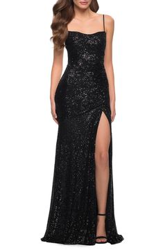 La Femme Strappy Back Sequin Gown | Nordstrom Black Sparkly Dress, Sparkly Prom Dress, Shimmery Dress, Satin Dress Long, Black Prom Dress, Sequin Prom Dresses, Prom Dress Inspiration, Cute Prom Dresses, Sequin Gown