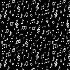 white musical notes on black background with space for text or image, seamless pattern