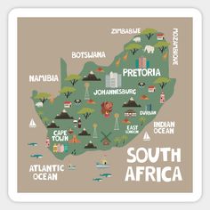 an illustrated map of south africa with all the main cities and major attractions in it