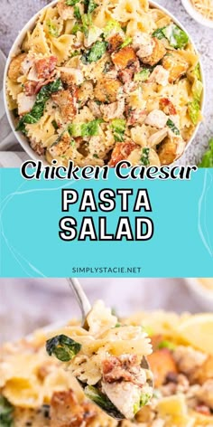 chicken and cheese pasta salad in a white bowl with a spoon on the side that says chicken caesar pasta