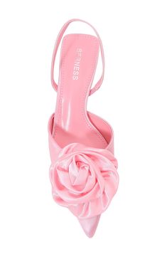 Gathered satin fabric enhances the dimensional flower details of a slingback sandal lifted by a flared kitten heel. 2" heel Textile upper/synthetic lining/rubber sole Imported Steve Madden Sneakers, Beautiful Hairstyle, Camellia Flower, Pink Fits, Flip Flop Slippers, Pink Heels, Sweaters And Leggings, Pink Shoes, Comfortable Sandals