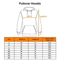 the pullover hoodie is shown with measurements