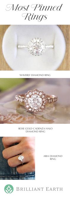 three different types of engagement rings with the names and description on them, including an oval diamond