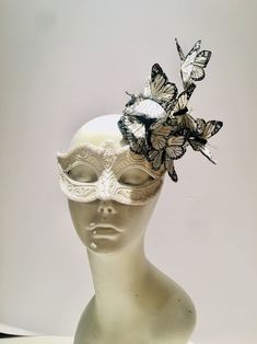 Butterfly Mask Black and White Masquerade Party | Etsy Black Masquerade Mask For Halloween Wedding, Silver Costume Hat For Carnival Party, Silver Carnival Party Costume Hats And Headpieces, Whimsical Costume Hats For Carnival Party, Fantasy Costume Hats And Headpieces For Masquerade Carnival, Whimsical Headpieces For Carnival Party, Fitted Costume Accessories For Halloween Evening, Whimsical Wedding Headpieces For Carnival, Fitted Mask For Costume Party