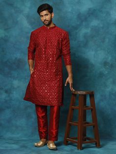 vm mens maroon silk blend kurta pyjama set Red Kurta Pajama Men, Festive Long Sleeve Churidar For Navratri, Long Sleeve Salwar Kameez For Puja And Festivals, Long Sleeve Dabka Kurta For Celebration, Celebration Long Sleeve Kurta With Dabka Detailing, Festive Churidar With Dabka Details, Celebration Long Sleeve Kurta With Dabka, Festive Straight Sherwani For Navratri, Celebration Kurta With Dabka Embroidery