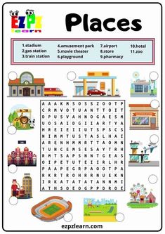 a poster with words and pictures to describe places in the word search for children's names