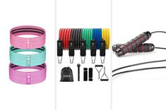 the different types of resistance bands are shown in this collage, and there is also an assortment of accessories