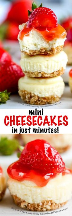 mini cheesecakes with strawberries on top and the title overlay reads mini cheesecakes