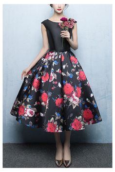 10% off now! Shop black tea length floral printed party dress sleeveless online. Sheprom offers formal, party, casual & more style dresses to fit your special occasions. Floral Prom Dress Long, Floral Evening Gown, Tea Length Prom Dress, Flower Prom Dress, Formal Clothing, Floral Prom Dresses, A Line Evening Dress, Fit And Flare Skirt, Prom Dresses 2019