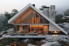 a modern house on top of a mountain with a fire place in the corner and rocks surrounding it