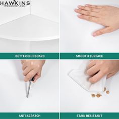 four pictures showing how to clean a table with cloths and scissors for cleaning the surface