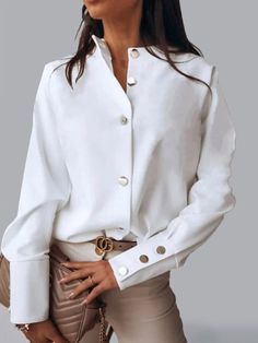 Long Sleeve Shirt & Top | zolucky Elegant White Blouse, Fashion Stand, White Shirt Blouse, Women White Blouse, Round Neck Shirt, Satin Shirt, Summer Blouses, Elegant Shirt, Spring Shirts