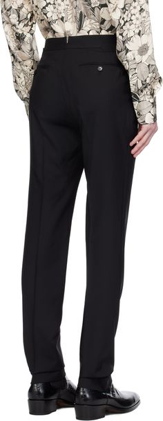 Plain-woven wool trousers. · Adjustable cinch tabs at waist · Four-pocket styling · Zip-fly · Creased legs · Cupro satin lining Supplier color: Black Wool High-waisted Business Pants, Wool High-waisted Pants For Business, Wool Pants With Belt Loops For Business, Tailored Business Bottoms With Pockets, Business Bottoms With Belt Loops And Straight Hem, Classic Business Bottoms With Hip Pockets, Business Dress Pants With Belt Loops And Tapered Leg, Business Dress Pants With Tapered Leg And Belt Loops, Formal Pants With Hip Pockets And Straight Hem