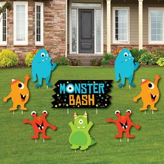 monsters in front of a house with the words monster bash on it's lawn