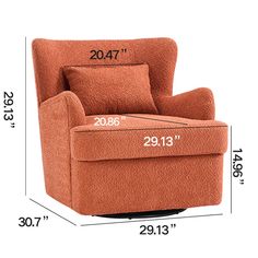 an orange chair with the measurements for it