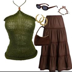 Green Wrap Skirt Outfits, Maxi Top Outfits, Cute Brown Outfits Black Women, Earthy Look Outfits, Psychic Outfit Aesthetic, Crochet Earthy Outfits, Colorful Earthy Outfits, Black Earthy Girl Aesthetic Outfits, Types Of Fashion Styles For Women