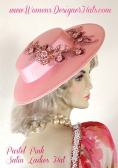 Women's Vintage Style Pastel Pink Shallow Brim Designer Bridal Hat For Special Occasion And Weddings.This Dress Hat is constructed in a light pink satin. This fashion hat is adorned with beautiful multi colored pink glass beaded sequin pearl floral appliques. This is a custom made hat. This formal hat is suited for bridal parties, formals, holidays, mother of the bride, the Kentucky Derby, horse races, Church and special occasion. Head Size 22.5″ Fits Most Women - Flat Top Shallow Style Crown - Bridal Party Hats, Race Day Fashion, Special Occasion Hats, Mother Of The Bride Hats, Ladies Dress Hats, Formal Hat, Custom Made Hats, Horse Races, Derby Horse