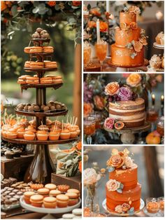 an assortment of desserts and pastries displayed in multiple pictures, including orange cakes