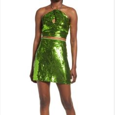 Halter Neck Crop Top In A Sequin Finish, Featuring A Metallic Chain Neckline. Zipper Closure At The Side. Mini Skirt With A Sequin Finish & Concealed Zipper At The Back Halter Neck Crop Top, Sequin Halter, Last Minute Halloween Costumes, Green Sequins, Neck Crop Top, Halter Neck, Halter Dress, Skirt Set, Mini Skirt