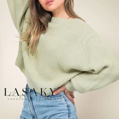 Lasaky - Round Neck Rib Knit Pullover Sweater with Bishop Sleeves - Sage Cozy Solid Color Cropped Sweater For Spring, Trendy Soft Knit Acrylic Cropped Sweater, Trendy Soft Knit Cropped Acrylic Sweater, Green Soft Knit Cropped Sweater For Fall, Soft Knit Green Cropped Sweater For Fall, Green Long Sleeve Textured Cropped Sweater, Green Textured Knit Cropped Sweater With Crew Neck, Solid Chunky Knit Tops, Spring Chunky Knit Crew Neck Sweater