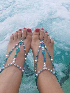 Calling all mermaids! These barefoot sandals were inspired for a very dear sister from another mister. They are beautiful and bright and will literally bring out the mermaid in you! Eye-catching and alluring, get these for some sandy beach fun or to brighten up your day as a barefoot bella.  For sizing: -Step 1: Please measure the circumference of your ankle with soft measuring tape. Be sure not to pull it too tight around your ankle, but don't leave it too loose either!  -Step 2: Then measure f Handmade Summer Barefoot Sandals For Party, Handmade Barefoot Sandals For Summer Parties, Handmade Barefoot Sandals For Party, Handmade Open Toe Barefoot Sandals For Party, Blue Open Toe Barefoot Sandals For Party, Blue Barefoot Sandals For Summer Party, Handmade Blue Sandals For Party, Adjustable Beaded Flip Flops For Party, Blue Open Toe Barefoot Sandals For The Beach