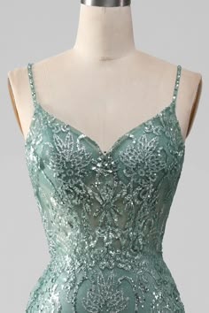 Spaghetti Staps Sparkly Grey Green Prom Dress with Beading Easter Prom Dresses 2024, Sage Prom Dress, Emerald Prom Dress, Black Lace Evening Dress, Red Lace Prom Dress, Prom Dresses Sparkly, Burgundy Homecoming Dresses, Sparkly Party Dress