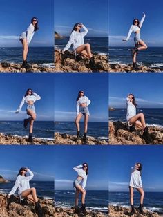 multiple pictures of a woman posing on the rocks by the ocean with her legs crossed