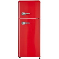 a red refrigerator freezer sitting on top of a white wall