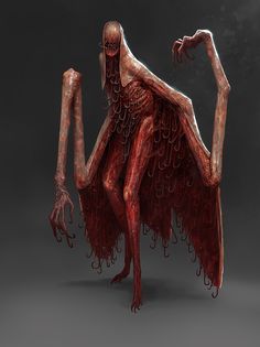 a creepy looking creature with long legs and red hair, standing on one leg in the air