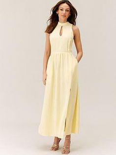 Michelle Keegan, Halter Neck Dress, Yellow Midi Dress, Party Inspo, Linen Midi Dress, Child Baby, High Leg Boots, Halterneck Dress, High Leg