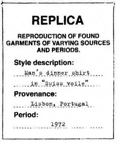 the receipt for replica reproduction of found garments of varying sources and periods, with description