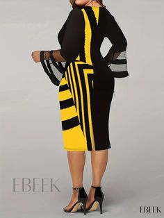 Ebeek - Exquisite Plus Size Casual Party Dress for Women: Colorblock Stripe Print with Contrast Mesh Bell Sleeves, V-Neck, and Medium Stretch for a Flawless Slim Fit in a Midi Length V-neck Dresses With Contrast Color, Elegant Party Dresses With Contrast Color, Yellow V-neck Patchwork Dress, Yellow Patchwork V-neck Dress, Casual Party Dress, Party Dress For Women, Casual Party Dresses, Slim Fit Dresses, Black And White Colour