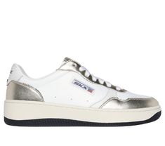 Casual modern style and comfort combine in Skechers Sport Court 2.0 - Chrome Finish. Featuring a sleek court silhouette, it boasts a lace-up upper crafted from duraleather upper with metallic trim, complemented by a cushioned Skechers Air-Cooled Memory Foam insole. | Skechers Women's Sport Court 2.0 - Chrome Finish Sneaker | Medium Width | Skechers Air-Cooled Memory Foam cushioned comfort insole | Lace-up synthetic duraleather with metallic trim upper | Flexible traction outsole | Skechers Hiking Training, Sport Court, Lace Up Wedges, Shoes Flats Sandals, Skechers Women, School Shoes, Athletic Sneakers, Shoe Sale, Canvas Shoes