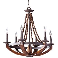 a wooden chandelier with candles hanging from it's center and four arms