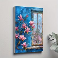 a painting of pink flowers on a blue wall next to a window with a potted plant